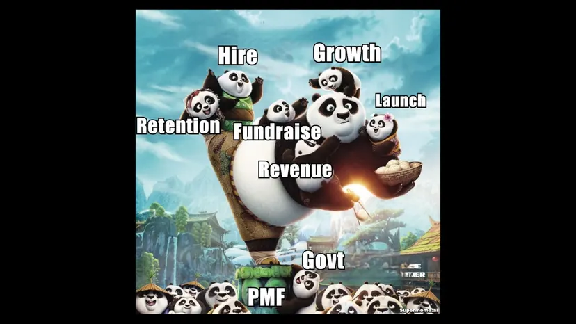 Kung Fu Panda meme: a crowd of pandas labelled Hire, Growth, Retention, Fundraise, Launch, Revenue and Govt pile onto Po, labelled PMF