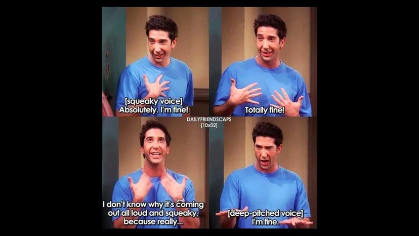 Four-panel Friends meme of Ross insisting he is fine