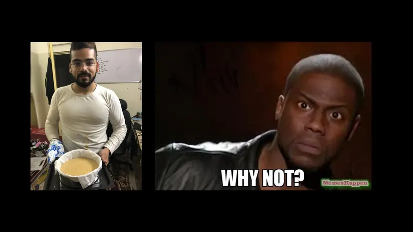 A man holding a pot in a kitchen next to a meme asking “Why not?”