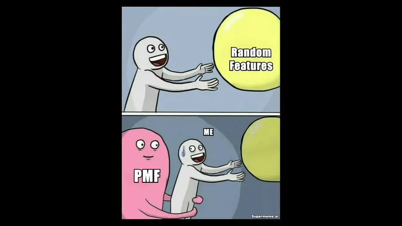 Meme: a figure labelled PMF reaches out while another chases a balloon labelled “Random Features”