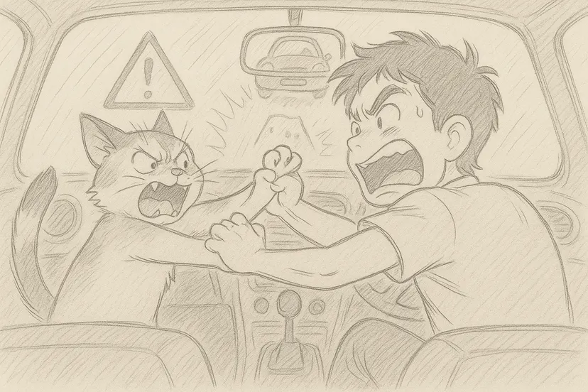Pencil sketch of a frustrated boy wrestling a hissing cat for the steering wheel of a car