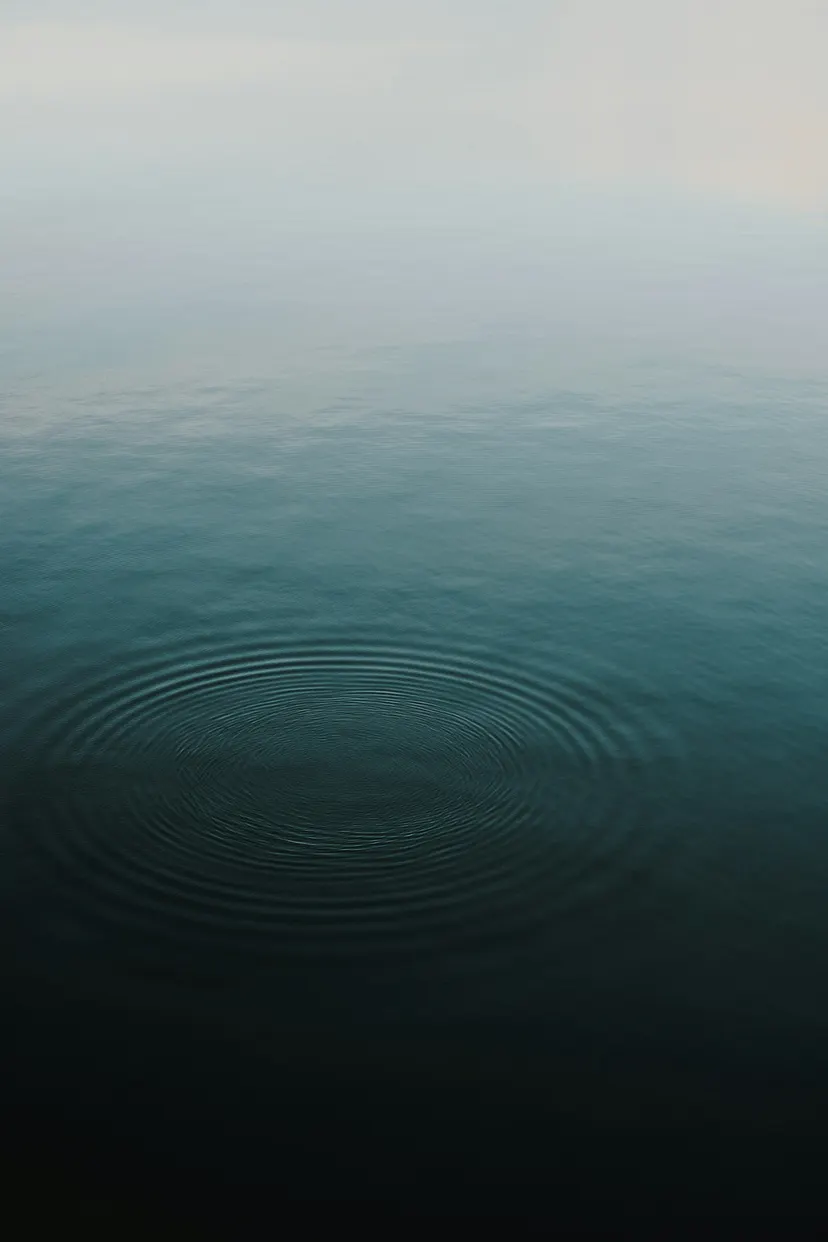 A single ring of ripples spreading across still, dark teal water