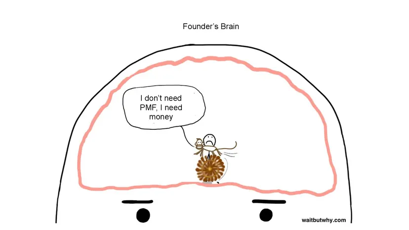 Sketch titled “Founder's Brain”: a small monkey at the wheel saying “I don't need PMF. I need money.”