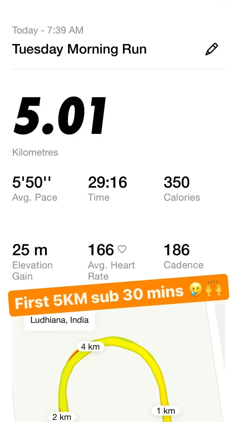 First 5KM sub 30 mins 🥲🙌
