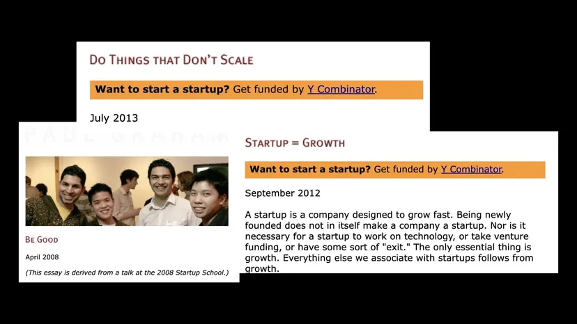 Screenshots of the essays “Do Things that Don’t Scale” and “Startup = Growth”