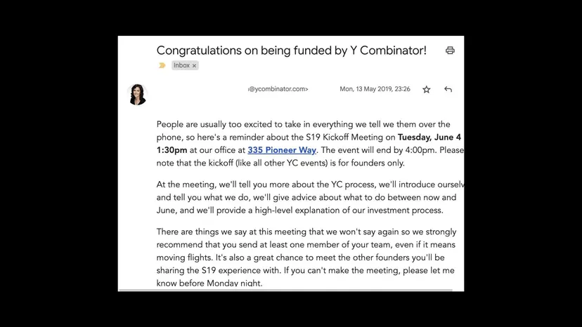 Screenshot of an email: “Congratulations on being funded by Y Combinator!”