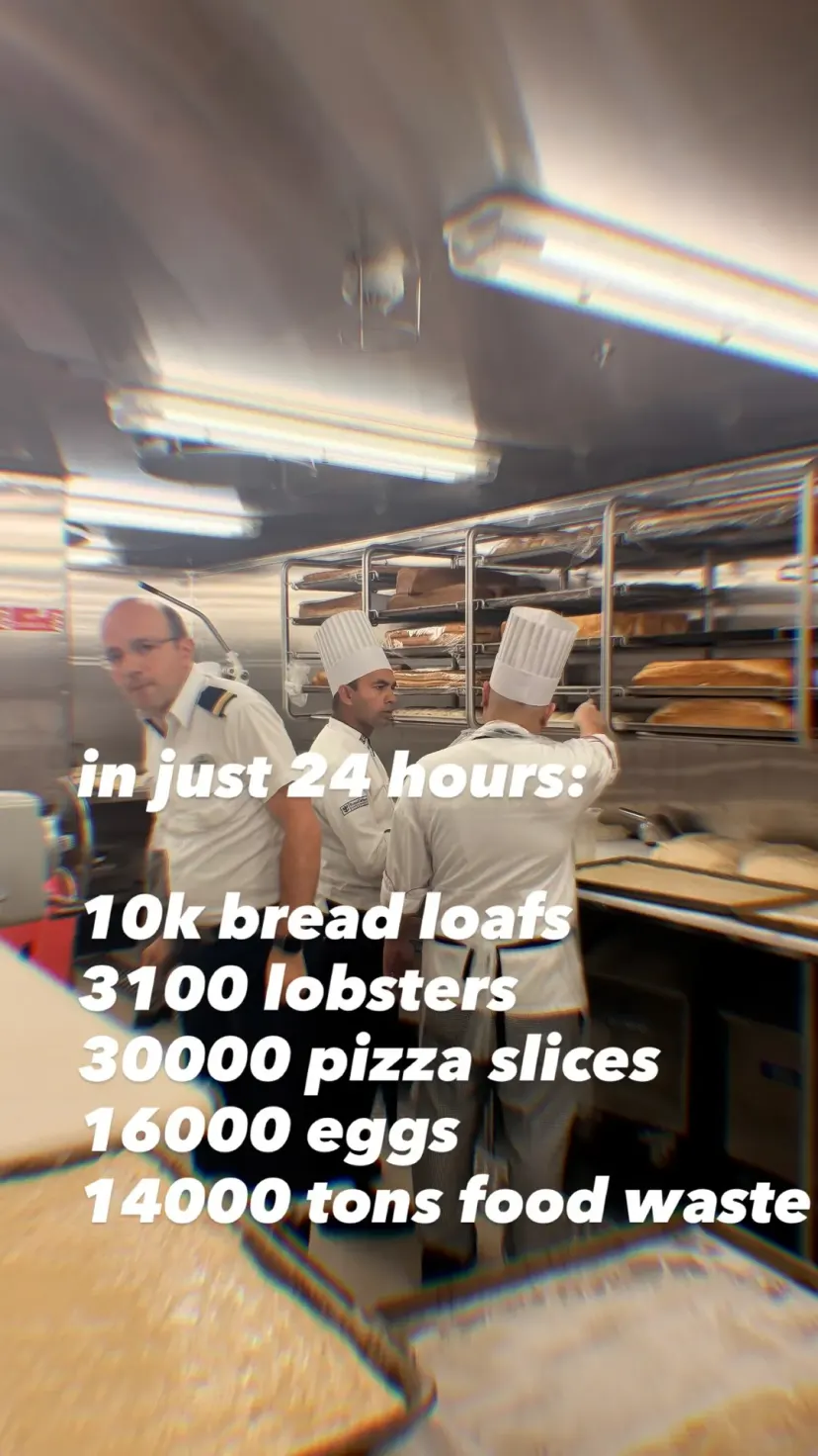 in just 24 hours:

10k bread loafs
3100 lobsters
30000 pizza slices
16000 eggs
14000 tons food waste