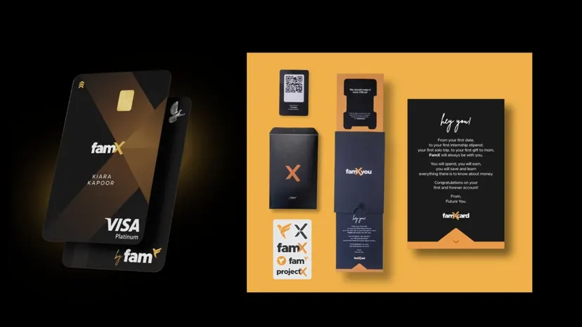 A black FamX Visa card next to its packaging