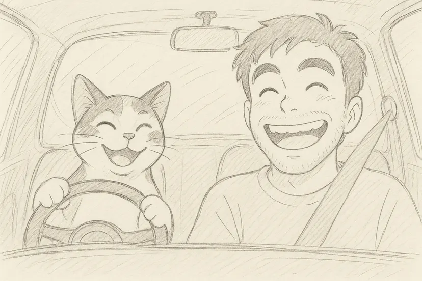 Pencil sketch of a smiling cat driving a car while a laughing boy rides in the passenger seat
