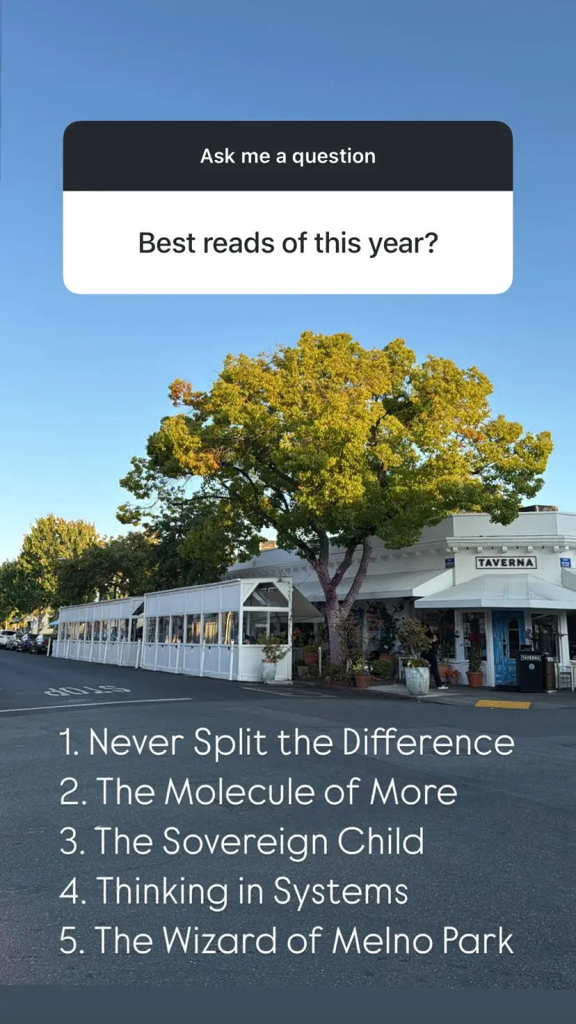 1. Never Split the Difference
2. The Molecule of More
3. The Sovereign Child
4. Thinking in Systems
5. The Wizard of Melno Park