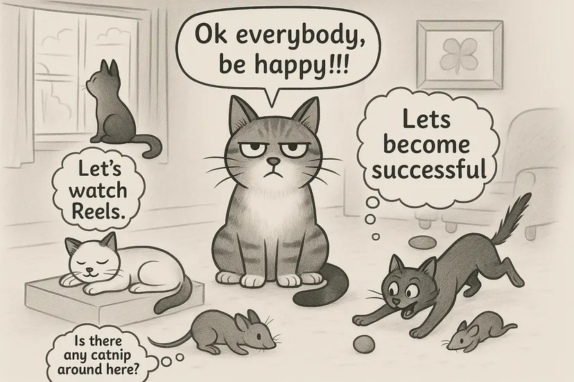 Pencil sketch of a team of cats in a living room. A grumpy boss cat says “Ok everybody, be happy!!!” while the others say “Let’s watch Reels.”, “Lets become successful” and “Is there any catnip around here?”