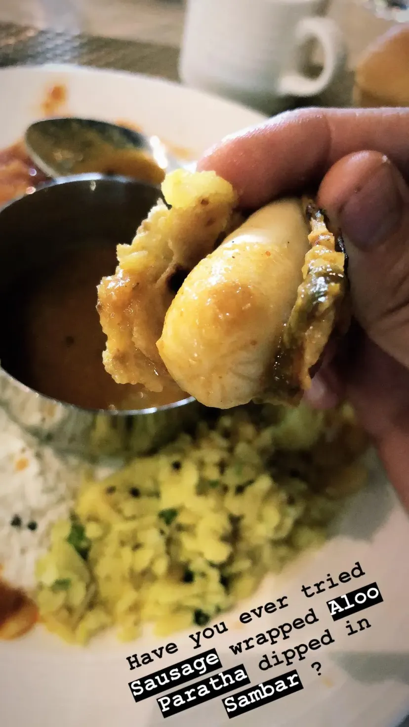 Have you ever tried
Sausage wrapped Aloo Paratha dipped in Sambar ?