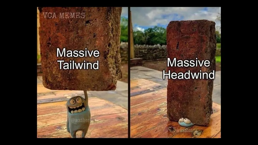 Meme: a brick labelled “Massive Tailwind” next to a brick labelled “Massive Headwind”