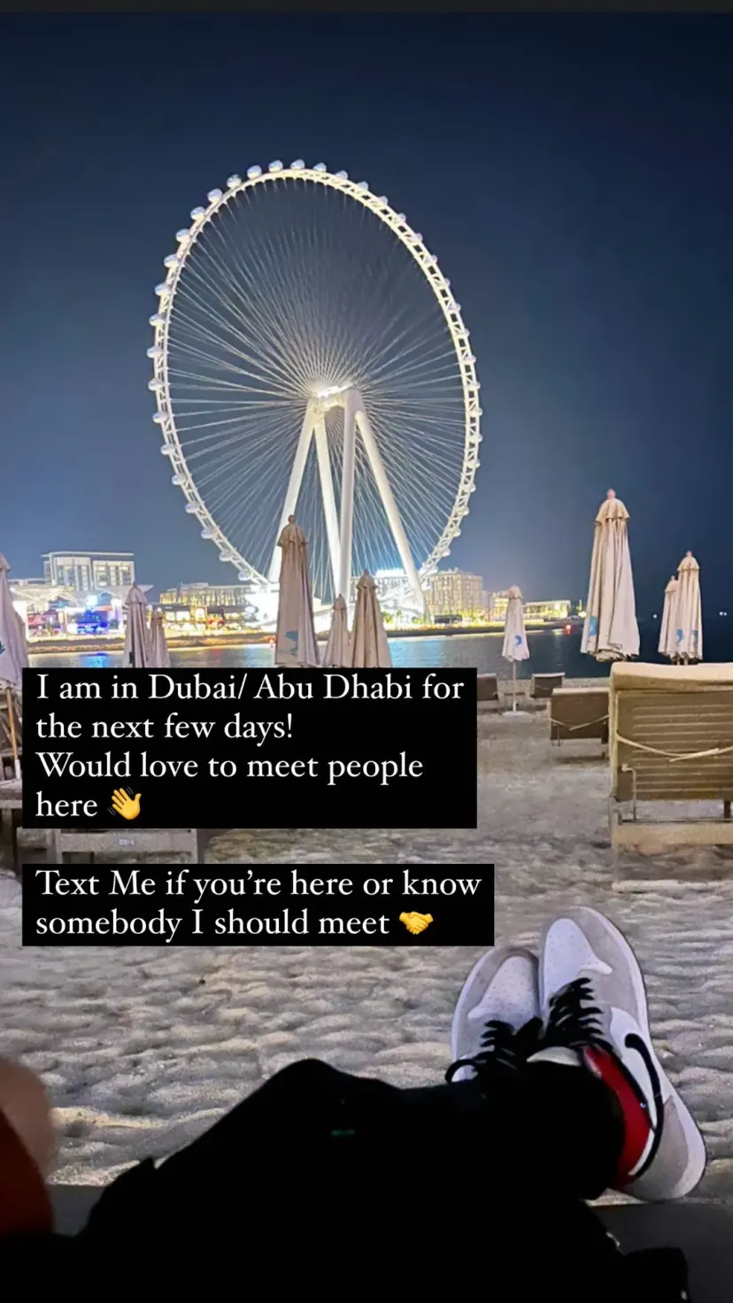 I am in Dubai/ Abu Dhabi for the next few days!
Would love to meet people here 👋

Text Me if you’re here or know somebody I should meet 🤝
