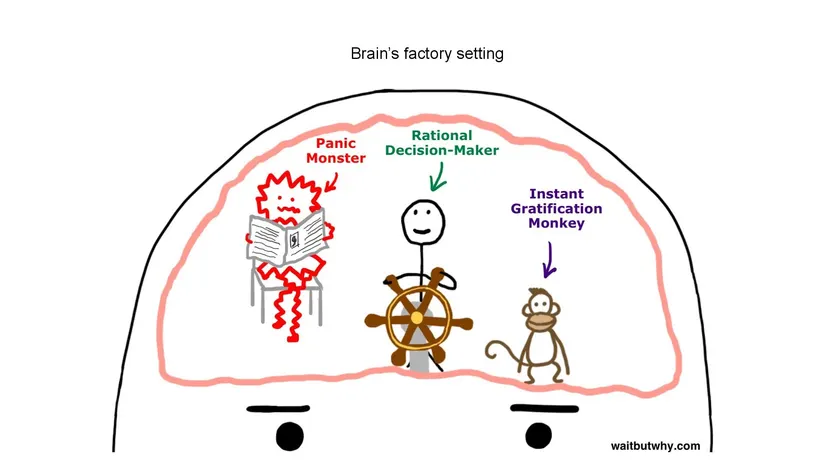 Sketch titled “Brain’s factory setting”: a rational decision-maker at the wheel, with a panic monster and an instant gratification monkey